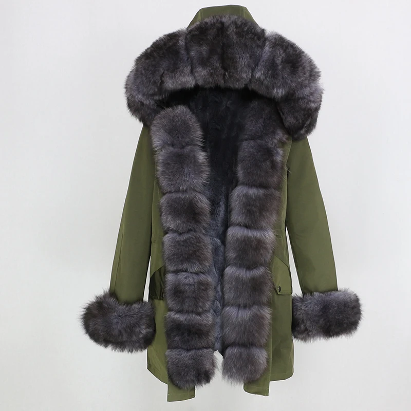 green dark grey OFTBUY, водонепроницаемая длинная парка, зимняя куртка, для женщин, натуральный мех, пальто, натуральный Лисий мех, воротник, капюшон, толстая, теплая, уличная, съемная, Новинка - Цвет: green dark grey