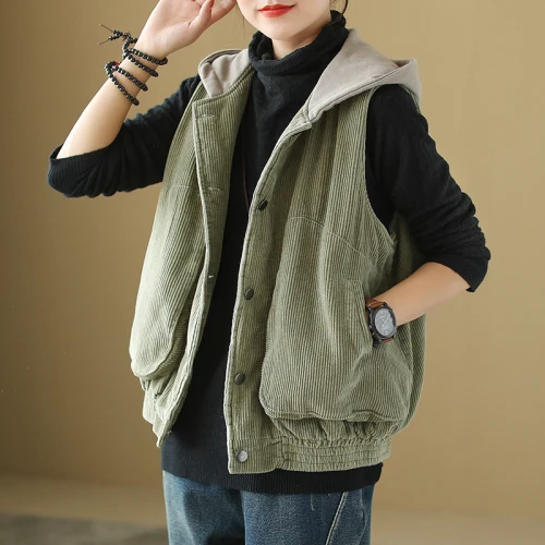 Light Grey Vest Вельветовый Свободный Повседневный вельветовый жилет с капюшоном, Женский Повседневный зимний жилет большого размера с капюшоном, 4 цвета, жилет для мамы, подарок на день рождения, Z3 - Цвет: Light Grey Vest