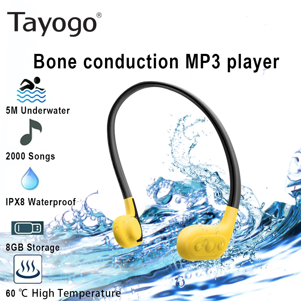 

Tayogo W01Bone Conduction Headphone Swimming MP3 Player with FM Radio 8GB IPX8 Waterproof Music Player for Diving Runing Sports