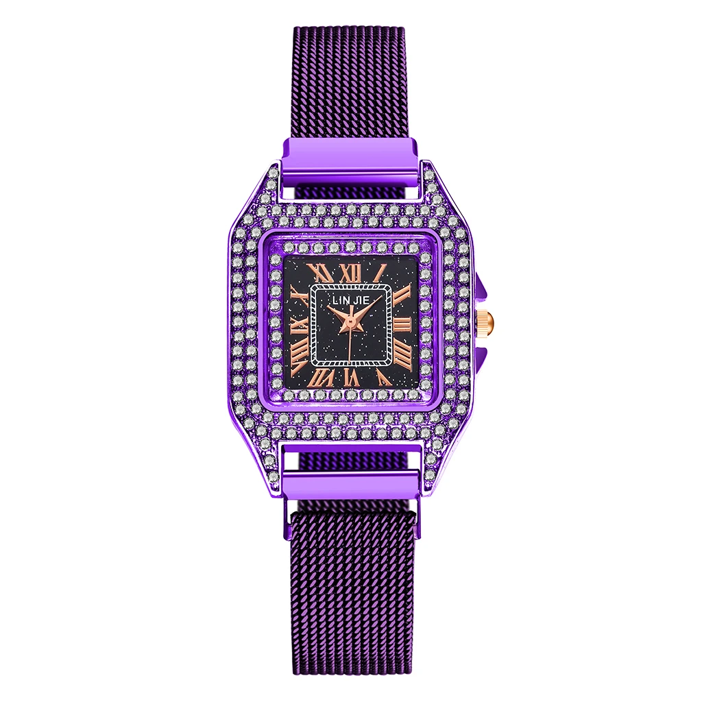 Women Magnet Buckle Square Case Shape Diamond Watch Luxury Ladies Stainless Steel Belt Quartz Watches Gift Clock
