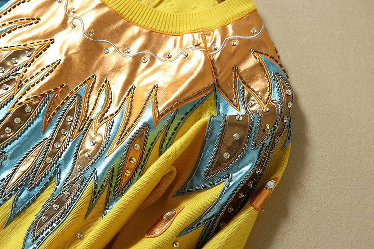 VERDEJULIAY Runway Yellow Sweater Autumn Winter Fashion New Luxury Beading Diamonds Patch European Top