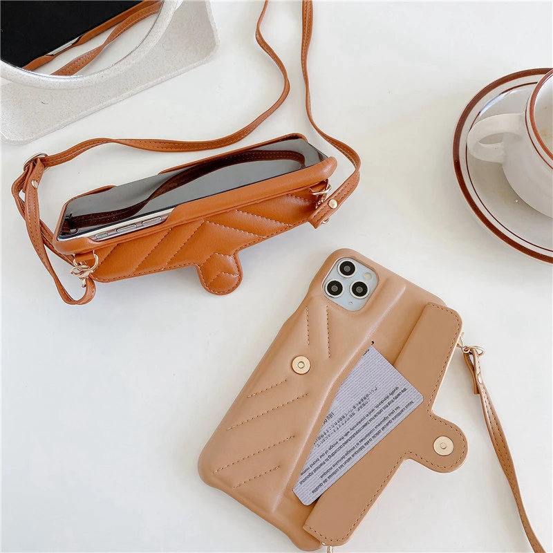 With Card Holder Phone Cases Women Luxury Brands For iphone 11 12 Pro max X XS MAX 7 8Plus Cover XR Lanyard Purse Case Dauphine