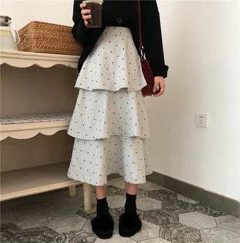 

Korean Midi Woolen skirt Women 2020 Autumn Winter New A-Line Skirts Ladies Streetwear Plus Size High Waist Slim fit Dot skirt