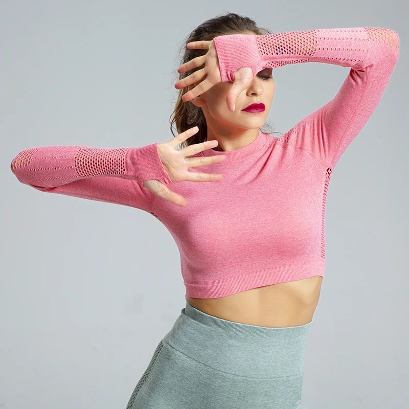 Женский энергетический бесшовный комплект для йоги, сексуальный дышащий сетчатый трикотажный комплект для спортзала, 2 предмета, спортивная одежда, Топ с длинным рукавом+ Леггинсы для йоги с высокой талией