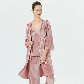 

Velvet Sleepwear 3PCS Pajama Set Casual Autumn Spring Pyjama Nightwear Comfortable Soft Elegant Intimate Nightgown Bathrobe