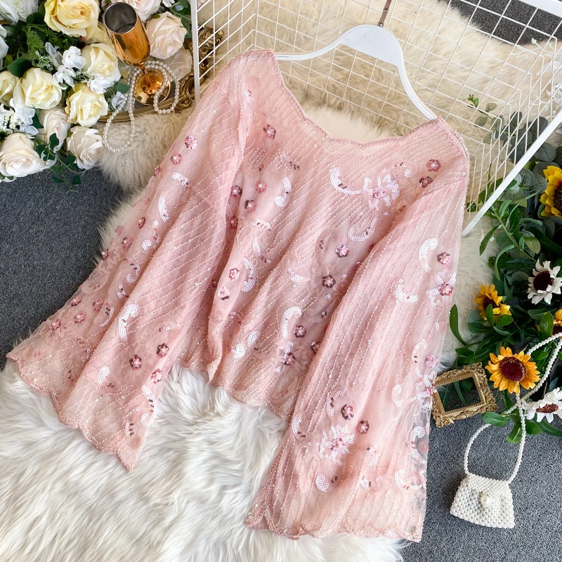Neploe, Осенний короткий сетчатый топ, Blusas, женская блуза с вышивкой бисером, блуза с блестками, расклешенная, длинный рукав, Круглый ворот, Корейская короткая рубашка 56610