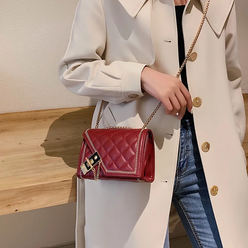 

2019 Autumn & Winter New Style WOMEN'S Bag Rhombus Chain Shoulder Bag Cool Lock Solid Color Shoulder Bag Car Suture WOMEN'S Bag