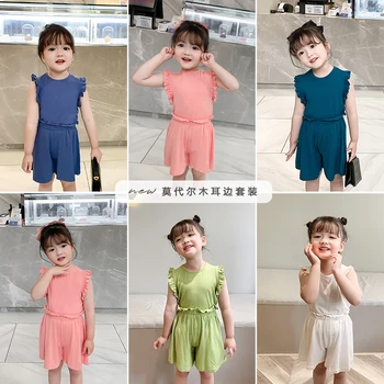 

girl lovely top and shorts two piece sets children loose cotton suit summer