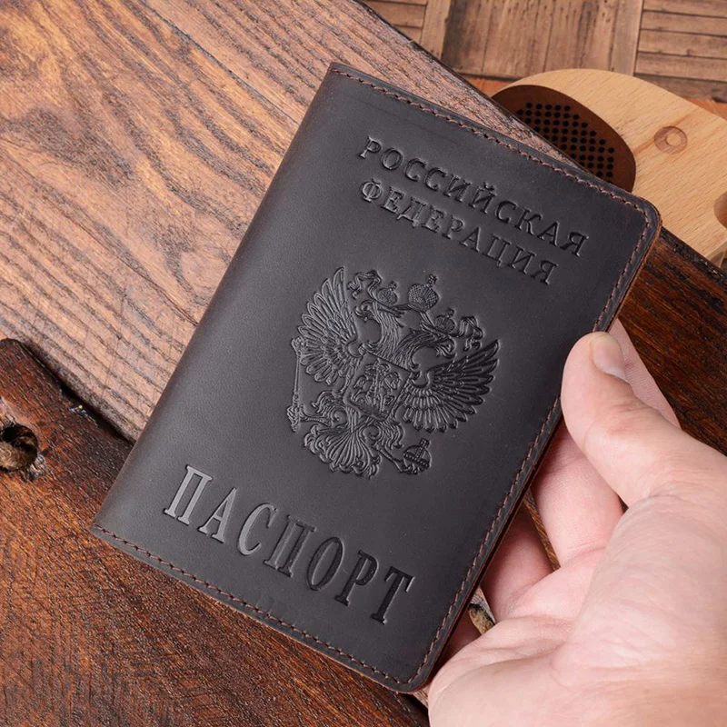 

Retro Crazy Horse Genuine Leather Russia Passport Cover DIY Passport Holder Protective Case First Layer Cowhide Travel Wallet