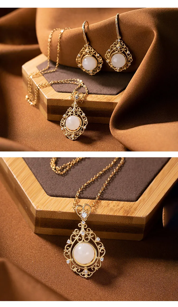 Uglyless Luxury Palace Women Party Statement Real 925 Silver Gold Jewelry Sets Jade Hollow Garlend Earrings+ Necklaces E1792