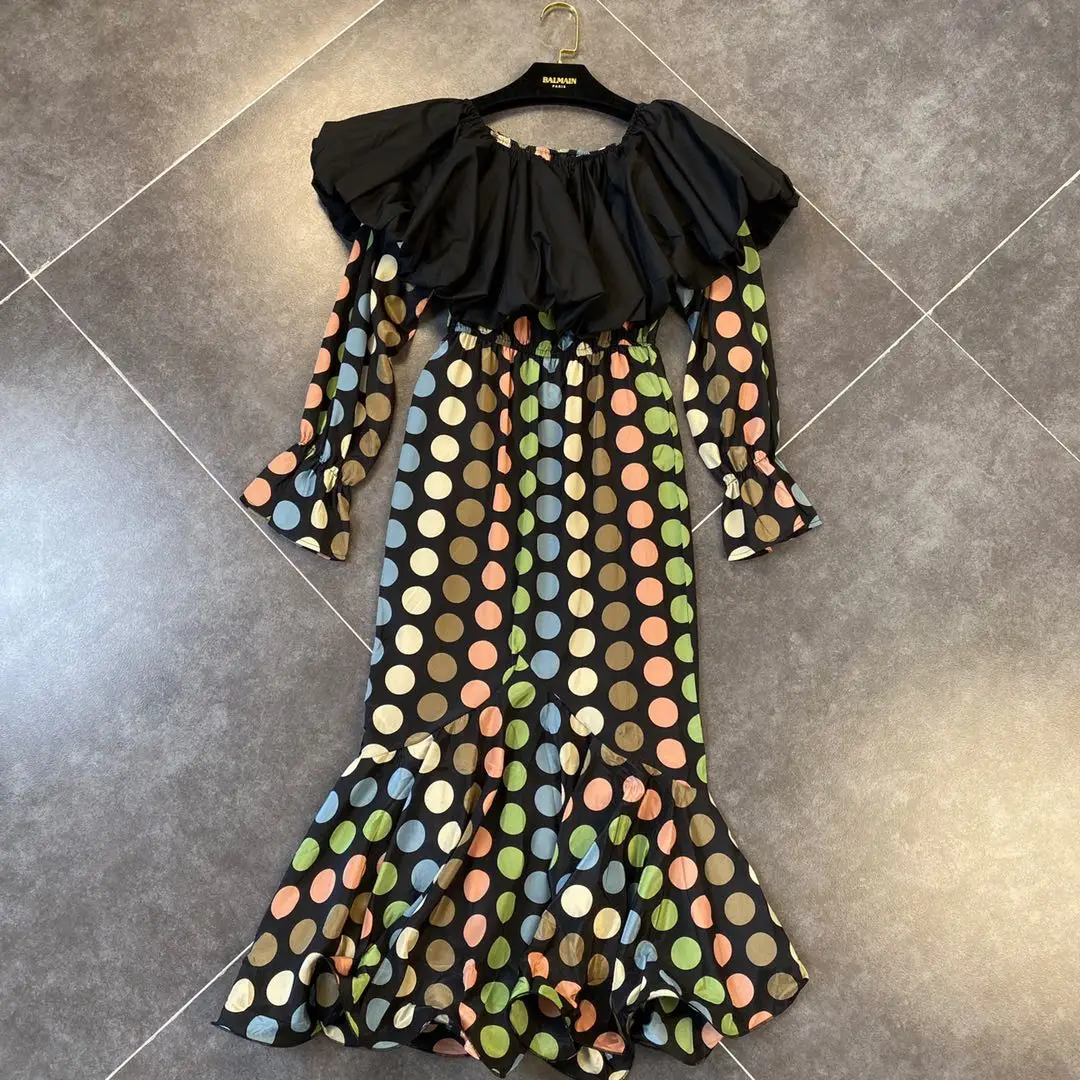 

Sexy Dress Women 2020 Spring Stereo Flounced Puff Shoulder Long Sleeve Color Polka Dot High Waist Dress Women's Dresses Vestidos