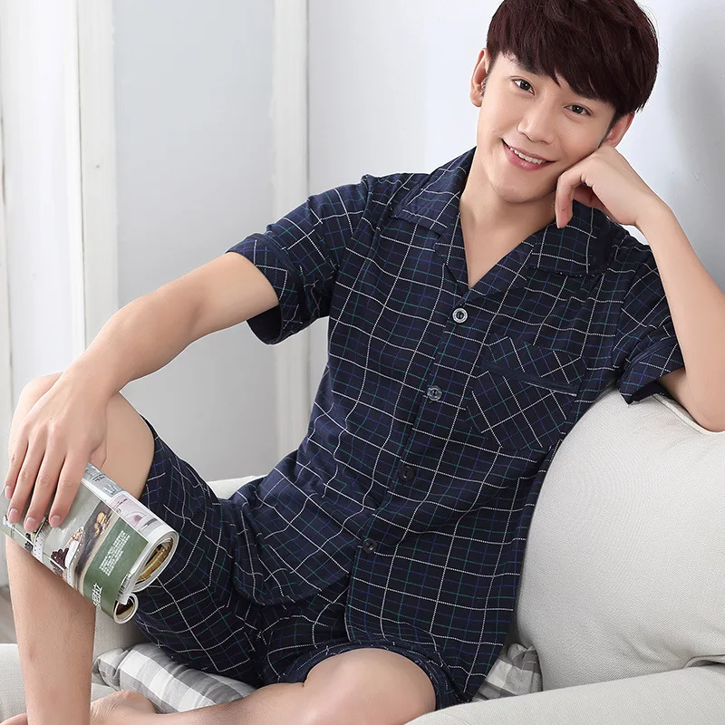 

2020 Summer Men's pajamas Cotton Short-Sleeved Pants pijama Cardigan Lapel Casual Simple Home Service Sleepwear pyjama