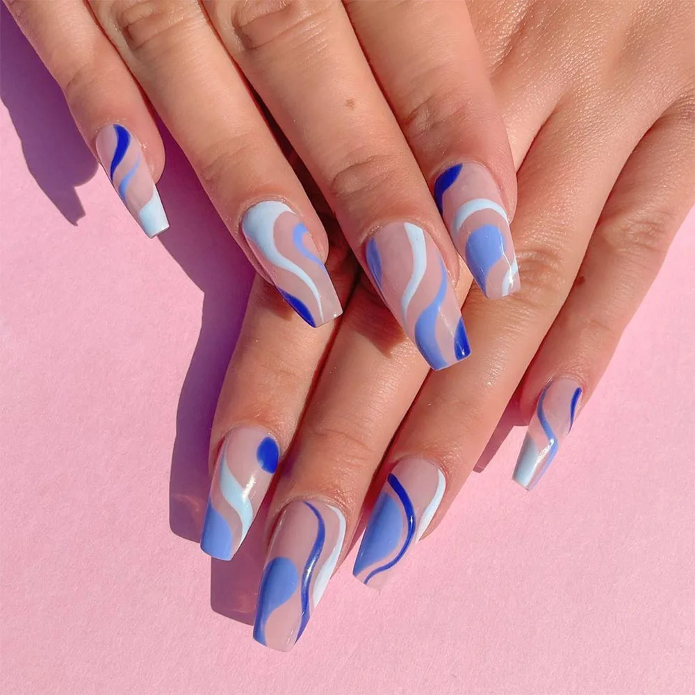 False Nails Detachable Blue Wavy Style Short Square Head Fake Nail Art Tips  Press On Manicure Artificial From Bitai, $0.11 | DHgate.Com