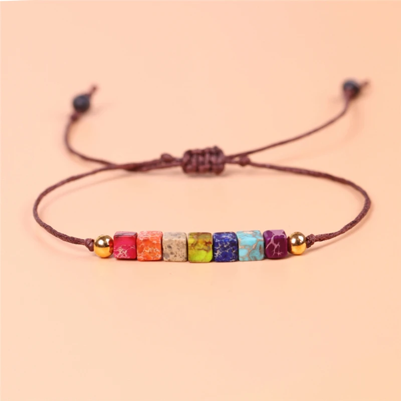 

Hot Popular 7 Chakra Cube Natural Stone Bracelet Handmade Colorful Energy Adjustable 4mm Beaded Bracelets Gift for Women Unisex