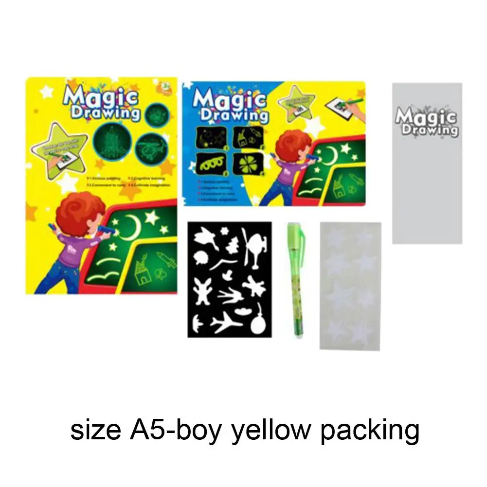 Лидер продаж, волшебная доска для рисования, набор, Детская забавная игрушка, рисование, светильник, для ночного письма, обучающая, фосфоресцирующая, для детей, A3, A4, A5, размер - Цвет: A5 boy yellow