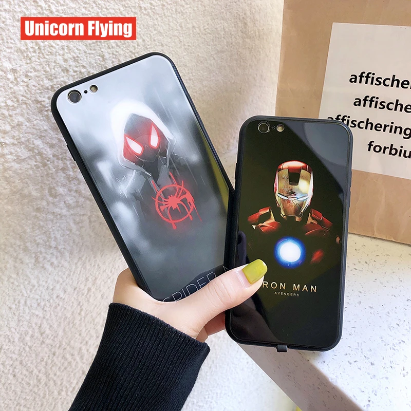 

LinXiang Incoming Call Flash Marvel Iron Man Spider-Man Tempered Glass Phone Case For iphone 6 6s 7 8 Plus X XS Max XR 11 Pro