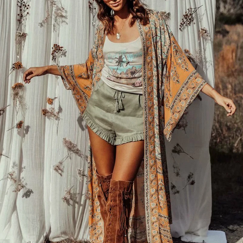 Vintage chic women print bat sleeve beach Bohemian dresses Kimono Ladies V neck Tassel Summer Boho dress vestidos|Платья| |