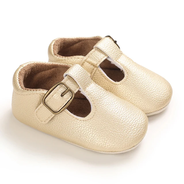 Infant Newborn Baby Girls Princess Non-Slip Floral Border Shoes Toddler Baby Soft PU Leather Prewalker Shoes Solid First Walkers C-632 Gold
