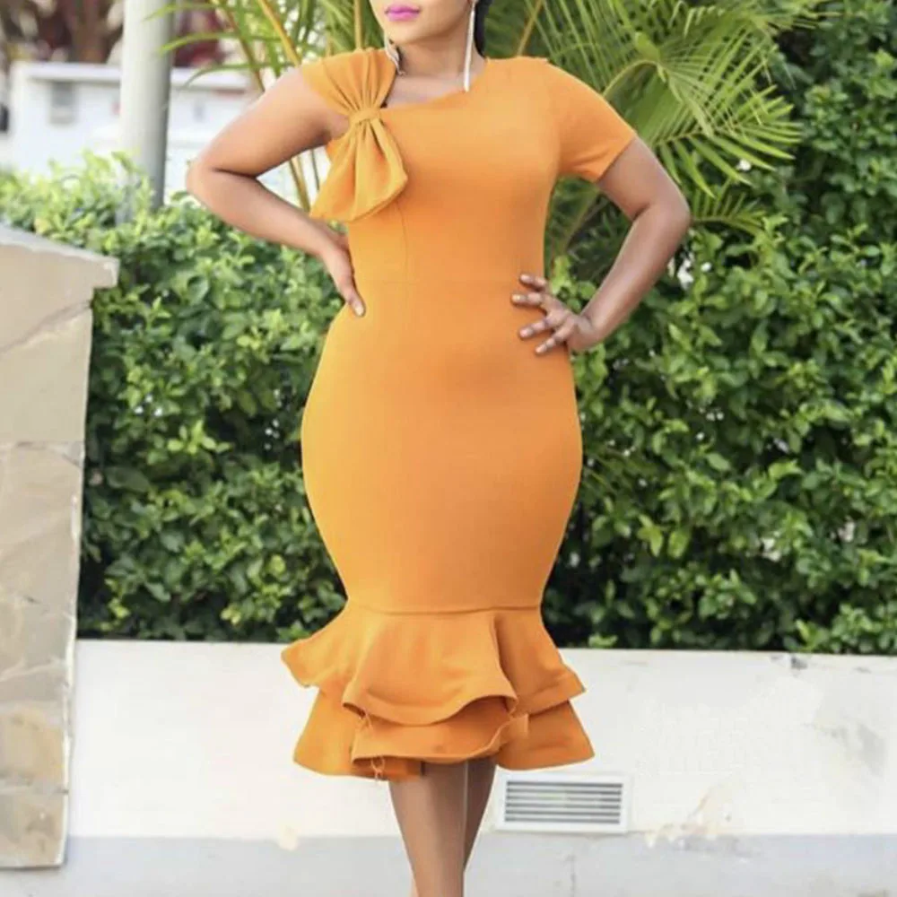 

Orange Ruffles Mermaid Dress Irregular Bow Elegant Party Dress Robe Femme African Pink Bodycon Midi Women's Summer Sundress