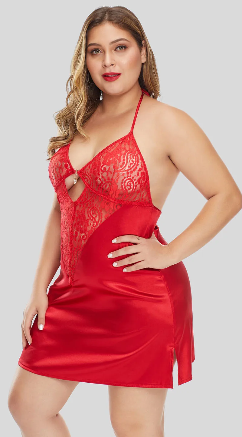 SEBOWEL Womans Plus Size Halter Neck Floral Lace Backless Silk Satin Lingeries Female Black/Red Patchwork Babydoll Nightdress