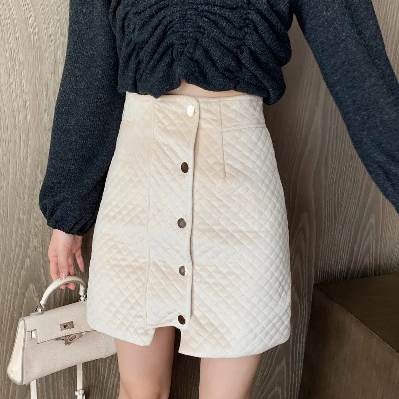 Beige Skirt Корейская элегантная клетчатая Офисная Женская однобортная бархатная юбка с высокой талией винтажная женская зимняя черная бежевая юбка - Цвет: Beige Skirt