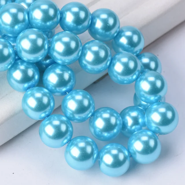 Lot Colors Round Pearl Coated Glass 4mm 6mm 8mm 10mm 12mm 14mm 16mm Loose Spacer Beads for Jewelry Making DIY Crafts Lake Blue