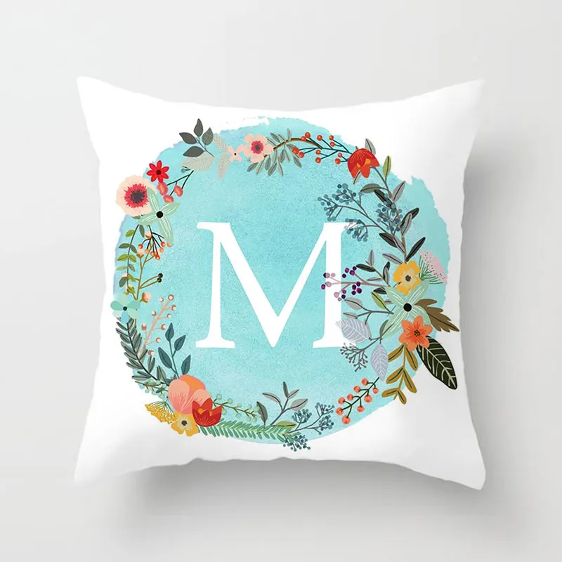 

26 Alphabet Initials With Garland Creative Cushion Covers Blue Color Flower English Letters HOME Cushion Cover Pillow Case