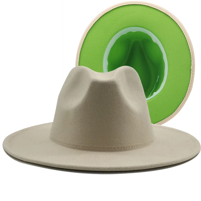 

New Outer cream Inner green Wool Felt Jazz Fedora Hats with Thin Belt Buckle Men Wide Brim Panama Trilby Cap 56-58CM