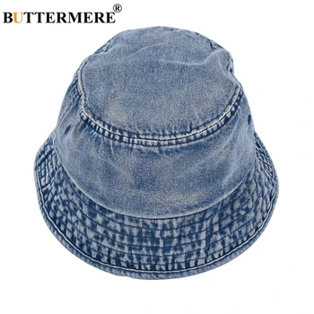 

BUTTERMERE Bucket Hat Womens Denim Spring Summer Solid Vintage Fisherman Hat Korean Unisex Traveling Hiking Cap