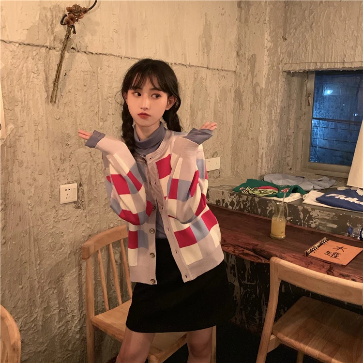 Harajuku Kawaii кардиган женский Универсальный хит цвет плед Женский вязаный кардиган пуговицы сладкий шик корейский свитер осень зима