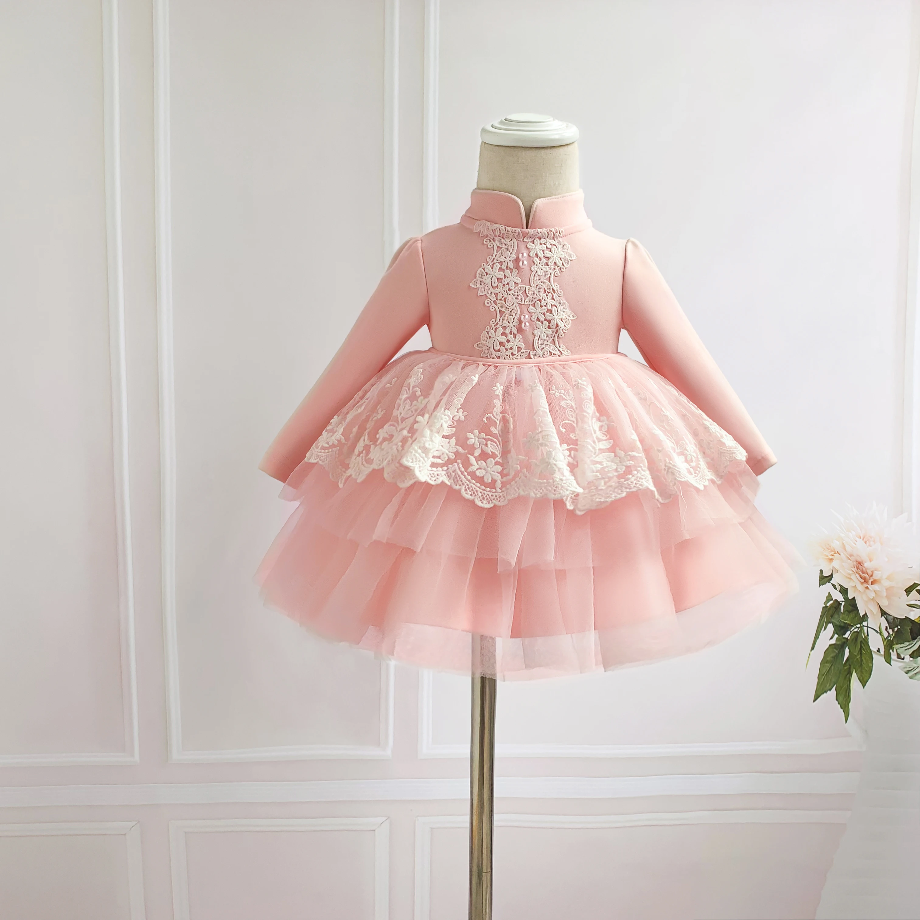 

Pink Tulle Baby Girl Dress Long Sleeve Christening Gown for Baptism Newborn 1 st Birthday Princess Infant Wedding Party Costume