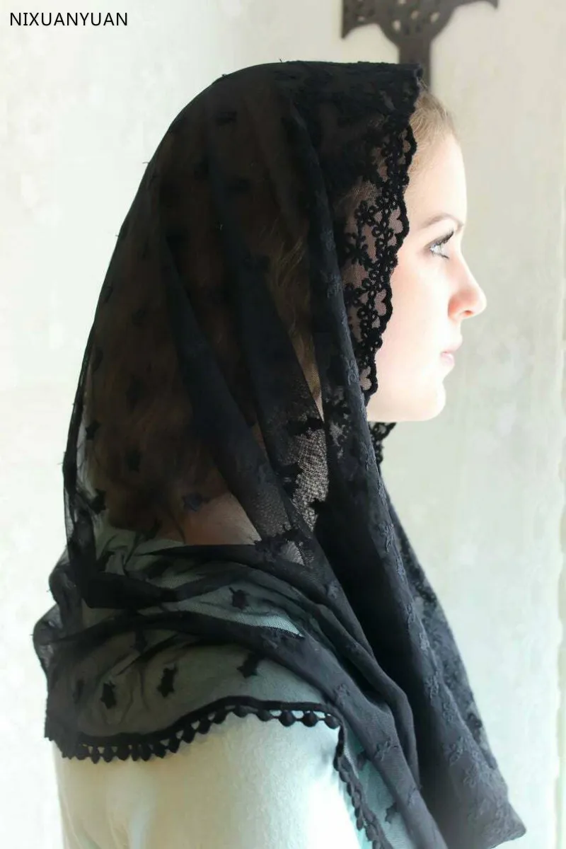 Ivory Black Catholic Veil Jerusalem Muslim Ladies Lace Shawl Scarf Mantillas Church Catholic Bridal Wedding Cape lace veil