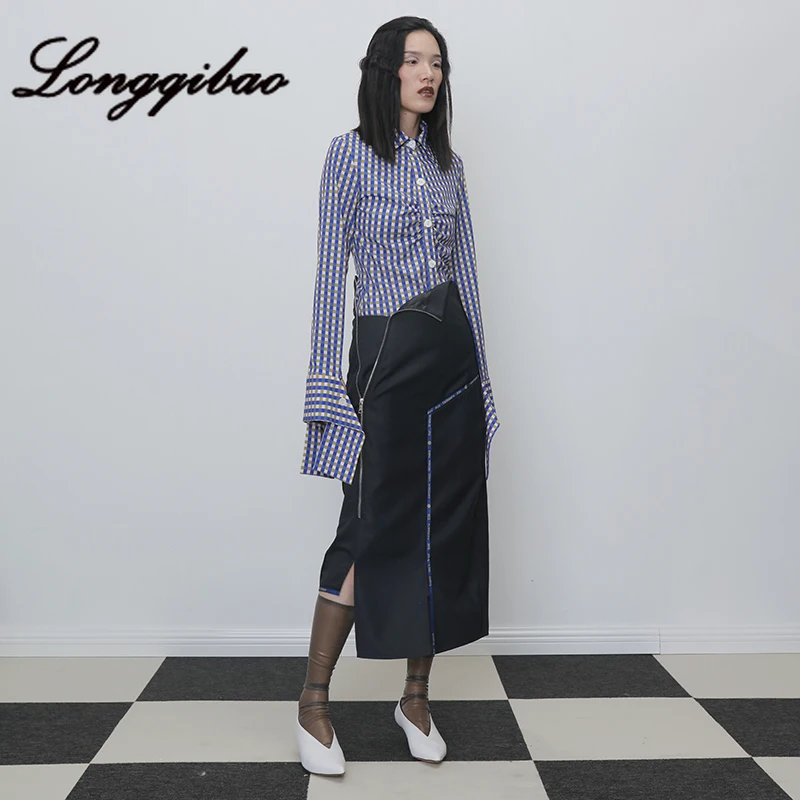 Longqibao Women's New Fashion Asymmetric Zipper Stitching English Cloth Edge Worsted Wool Skirt Winter Clothes Women Streetwear