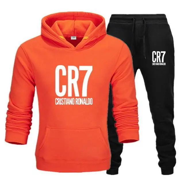 orange and black-B Мужской спортивный костюм, зимний флисовый капюшон CR7, куртка с принтом+ штаны, толстовка, мужской комплект из 2 предметов, толстовки, спортивный костюм, пальто - Цвет: orange and black-B