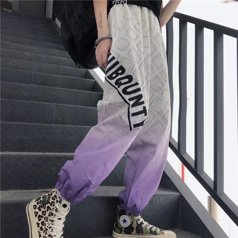 

Focal20 Streetwear Gradient Geometric Women Pants Letter Print Bundle Summer Lady Pants High Waist Color Block Lady Pants