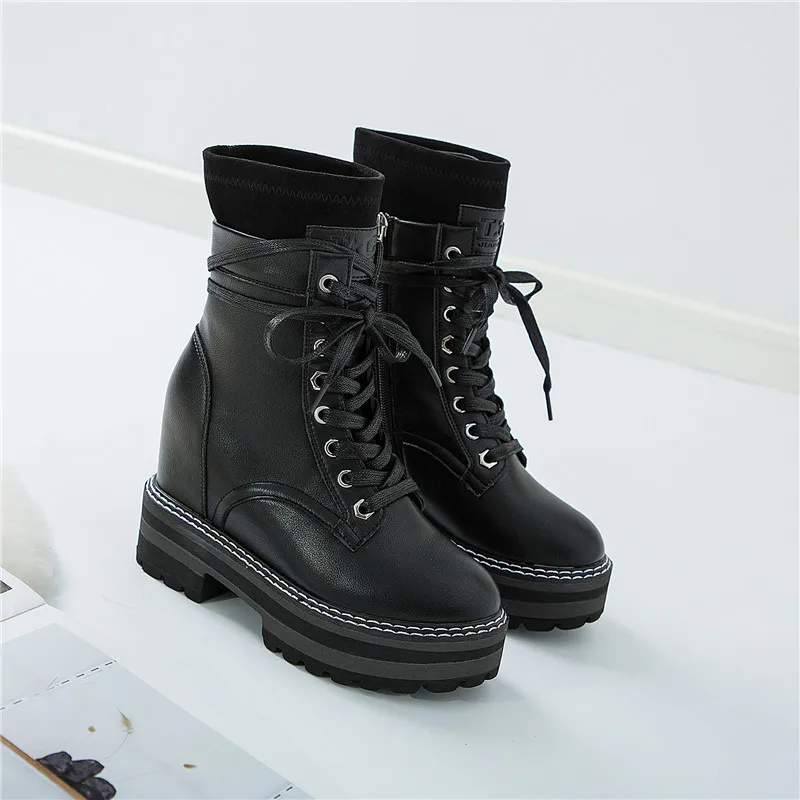 Cena RASMEUP 2019 Fashion Style skóra jesień wysokość zwiększenie kobiet Chunky buty buty damskie platformy trampki Martin buty