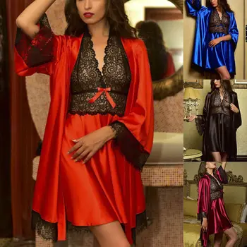 

new Fashion Sexy Women Satin Lace Silk Lingerie Set Sleepwear Nightdress Robe Gown Babydoll