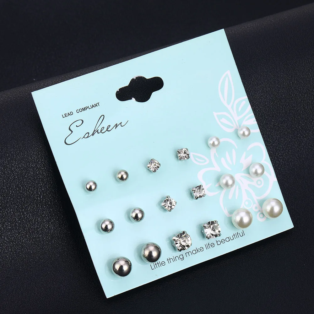 

Silver Small Crystal Pearl Stud Earrings Set For Women Gold Cute Heart Ear Rings Fashion Jewelry Accessories Wholesale