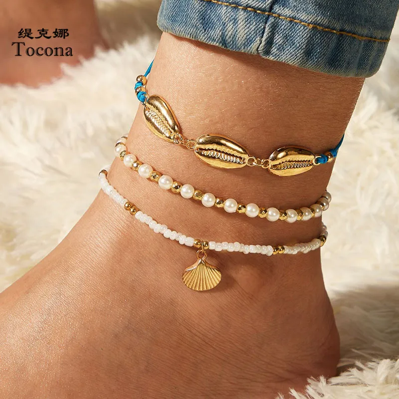 Tocona 3pcs/sets Bohemian Shell Bead Anklets for Women Summer Scallop Pearl Stone Rope Foot Chain Adjustable Jewelry 9336 Tocona 3pcs/sets Bohemian Shell Bead Anklets for Women Summer Scallop Pearl Stone Rope Foot Chain Adjustable Jewelry 9336