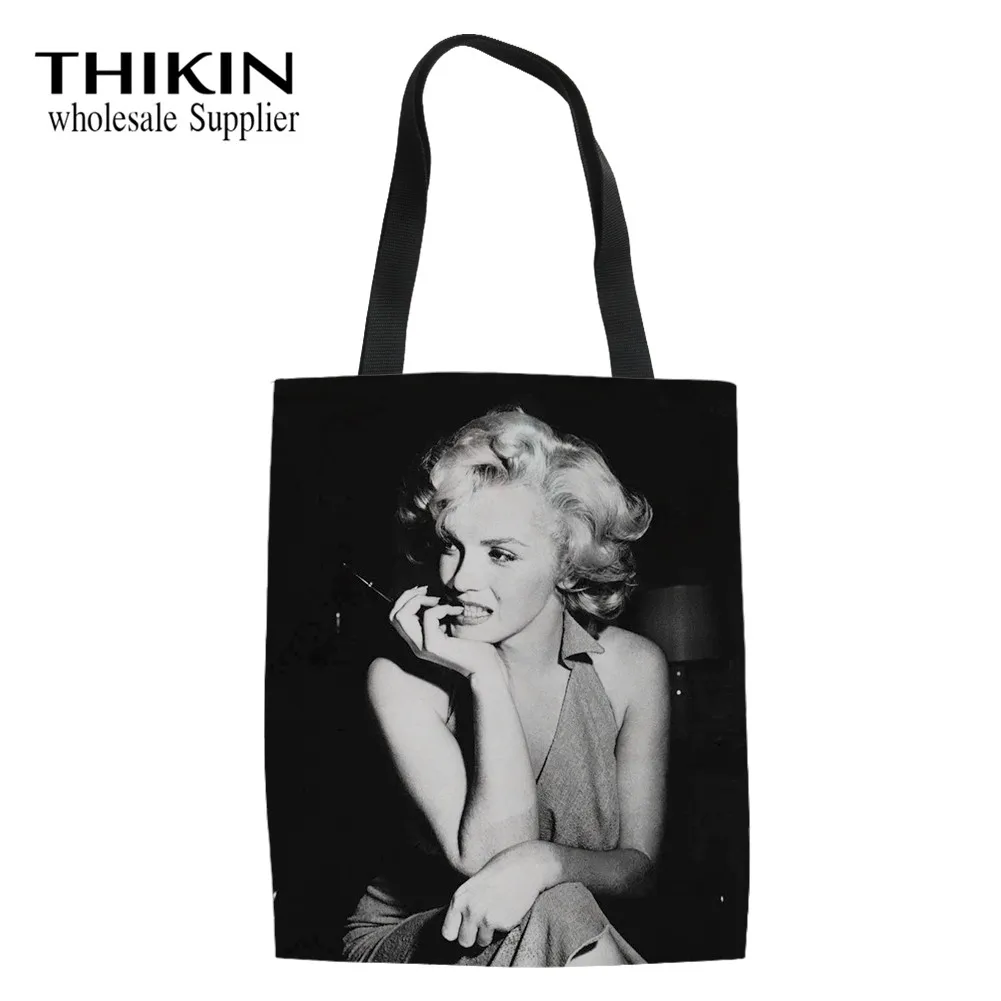 as picture THIKIN 3D Marilyn Monroe Printing Women's Reusable Foldable Shoulder Bag Female Cotton Beach Bag Girls Fashion School Book Bag - Цвет: as picture