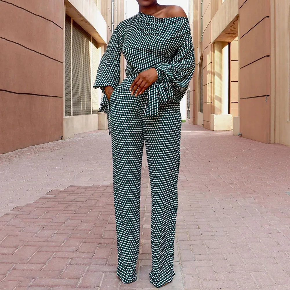 Jumpsuit Autumn Women 2020 Green One Shoulder Sexy Rompers Long Lantern Sleeve High Waist Female Striped Jumpsuits |