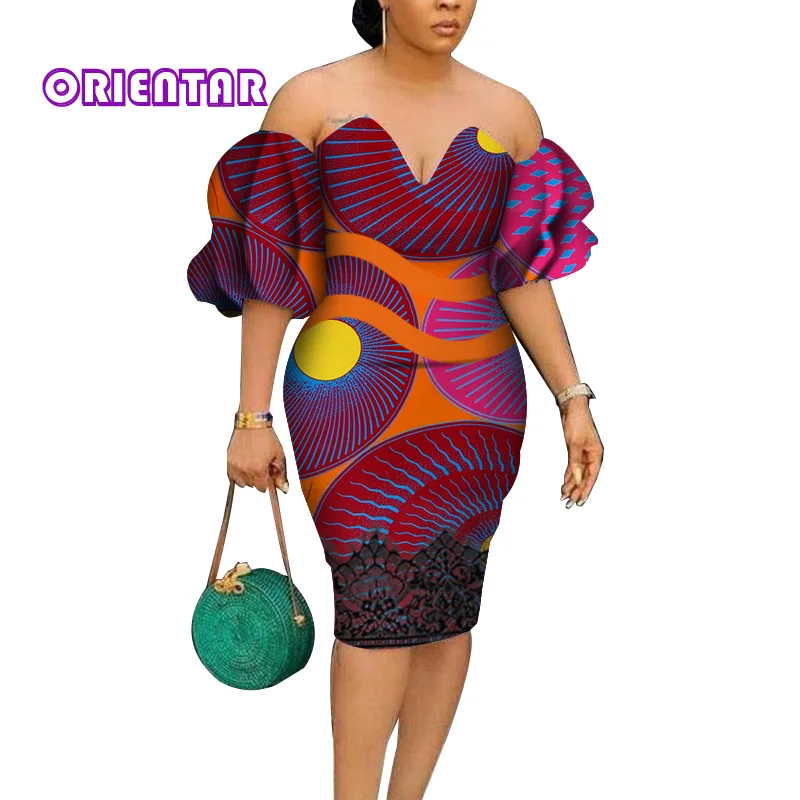 Fashion African Dresses for Women Bazin Riche Africa Print Midi Dress Lady Sexy Slash Neck Party Dress African Clothing WY4522