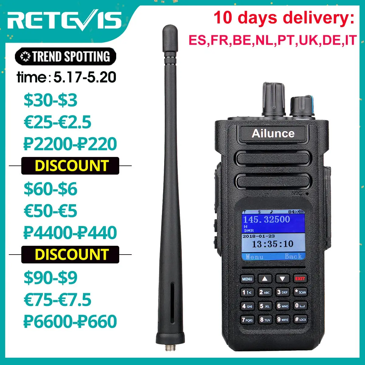 RETEVIS Ailunce HD1 DMR Radio Digital Walkie Talkie Ham Radio Amateur GPS DMR VHF UHF Dual Band DMR Two-Way Radio Communicator