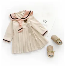 Весенне-осеннее платье в морском стиле для маленьких девочек; элегантные платья принцессы с длинными рукавами и принтом медведя из мультфильма для девочек; детская верхняя одежда