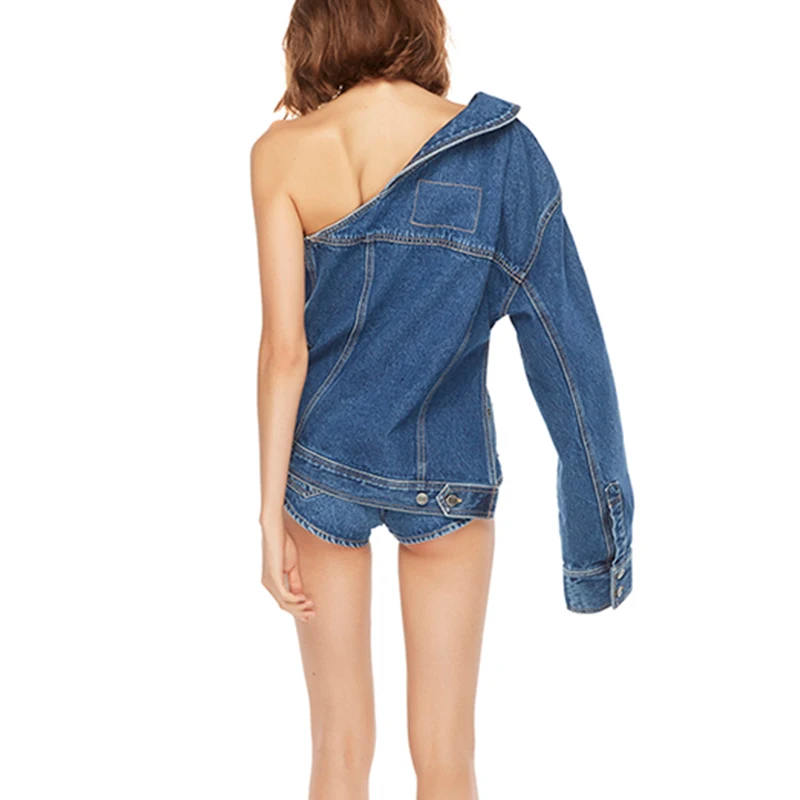 OMIKRON/Новая модная женская джинсовая куртка с длинными рукавами и открытыми плечами, необычная джинсовая куртка-бойфренд, пальто, уличная одежда, рваные куртки Kurtka damka