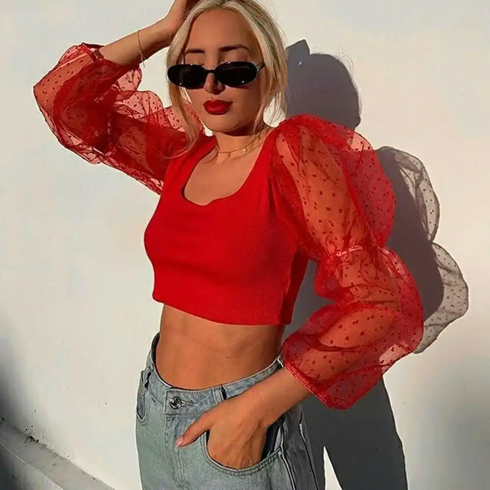 red sheer long sleeve shirt