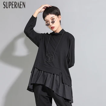 

SuperAen Spring 2020 New Europe Women's T Shirts Solid Color Wild Cotton Ladies T Shirts Ruffles Long-Sleeve Fashion Tops Female