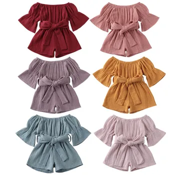 

Toddler Baby Girl Fashion Solid Color Off-shoulder Rompers Jumpsuit Summer Short Sleeve Sashes Bandage Jumpsuits Shorts