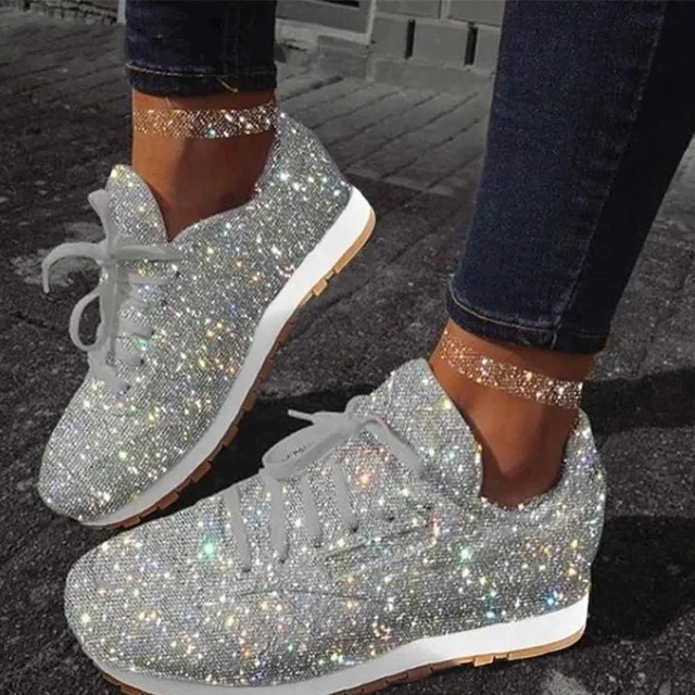 US $10.90 2019 Autumn Women Flat Bling Sneakers Casual Vulcanized Shoes Female Mesh Lace Up Ladies Platform C