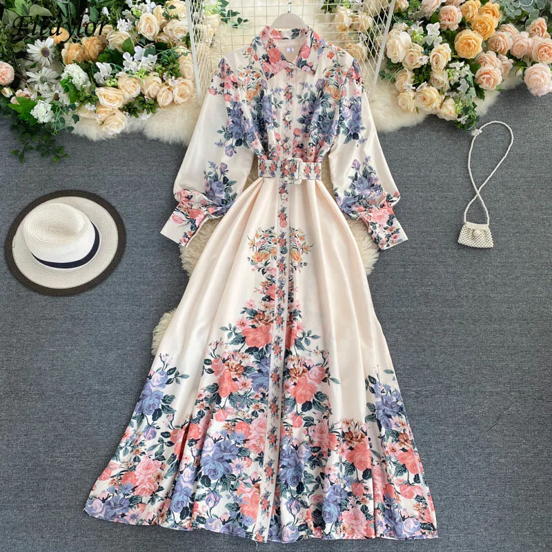 Dresses Women Belt Fitaylor A-Line Floral-Print High-Waist Autumn Collar with Single-Breasted